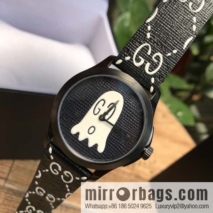 Gucci's latest black rubber strap with three-dimensional Gucci logo and black PVD pin clasp, Rhonda Quartz movement watch