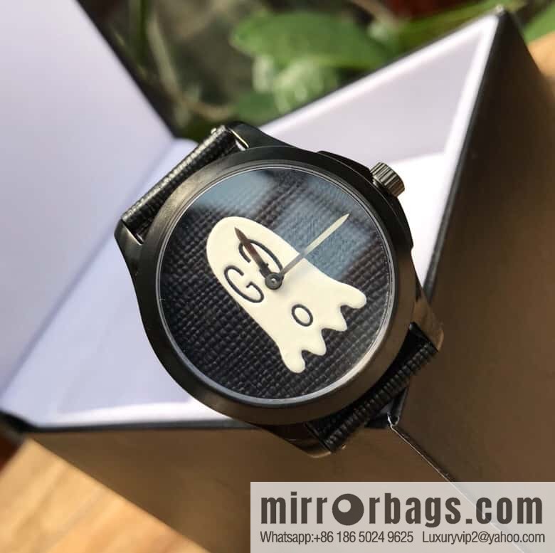 Gucci's latest black rubber strap with three-dimensional Gucci logo and black PVD pin clasp, Rhonda Quartz movement watch