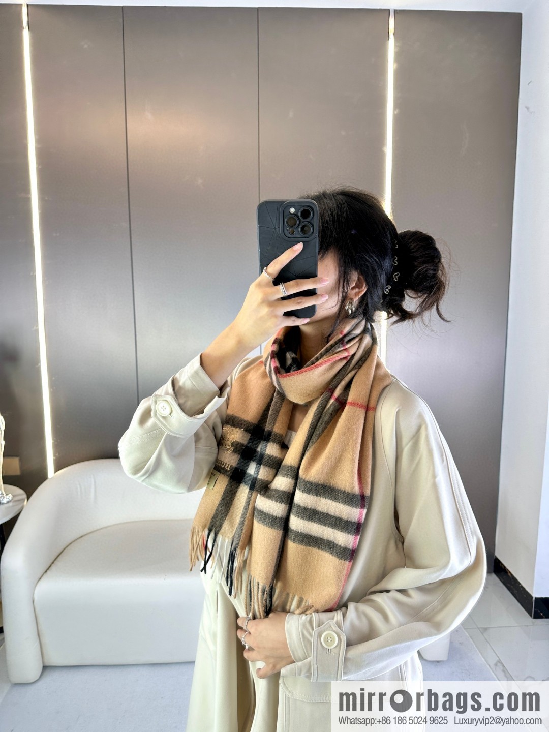 Burberry, embroidered war horse, cashmere checked scarf