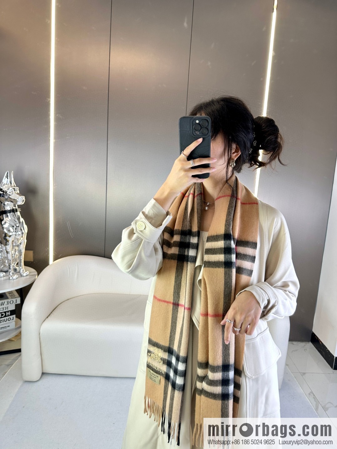 Burberry, embroidered war horse, cashmere checked scarf