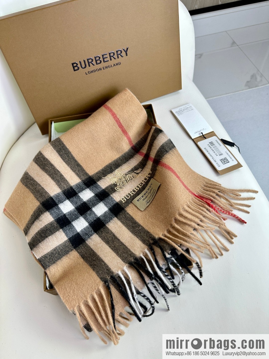 Burberry, embroidered war horse, cashmere checked scarf