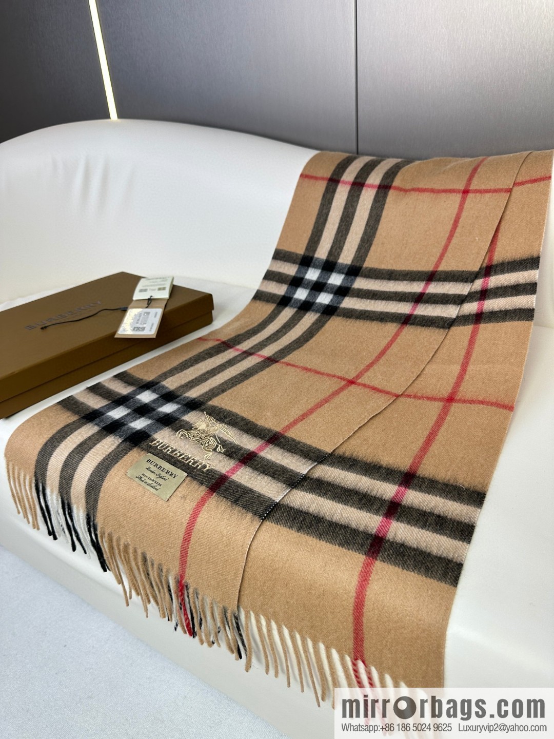 Burberry, embroidered war horse, cashmere checked scarf
