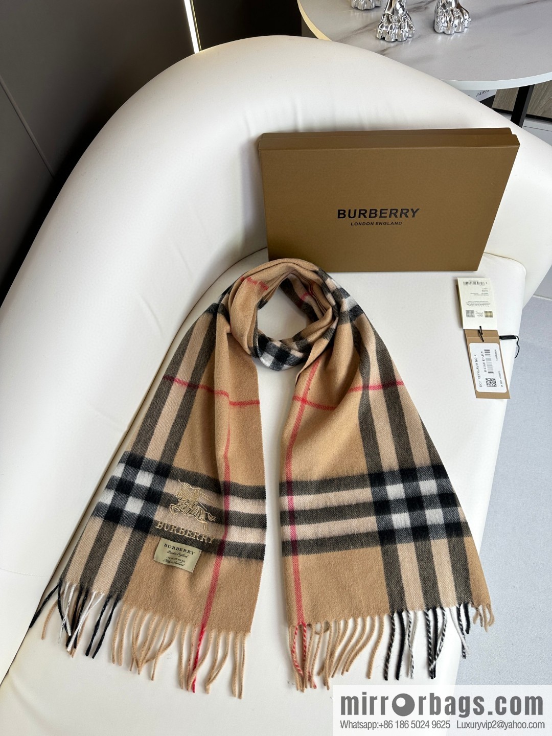 Burberry, embroidered war horse, cashmere checked scarf