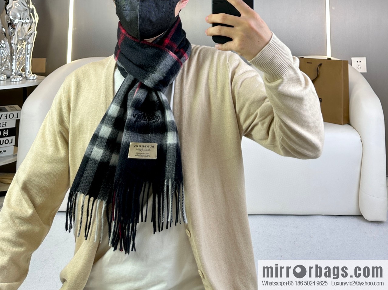 Burberry, embroidered war horse, cashmere checked scarf