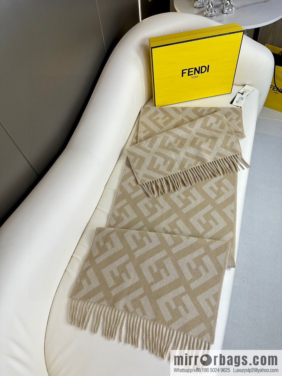 FENDI jacquard weave FF pattern, long fringed scarf