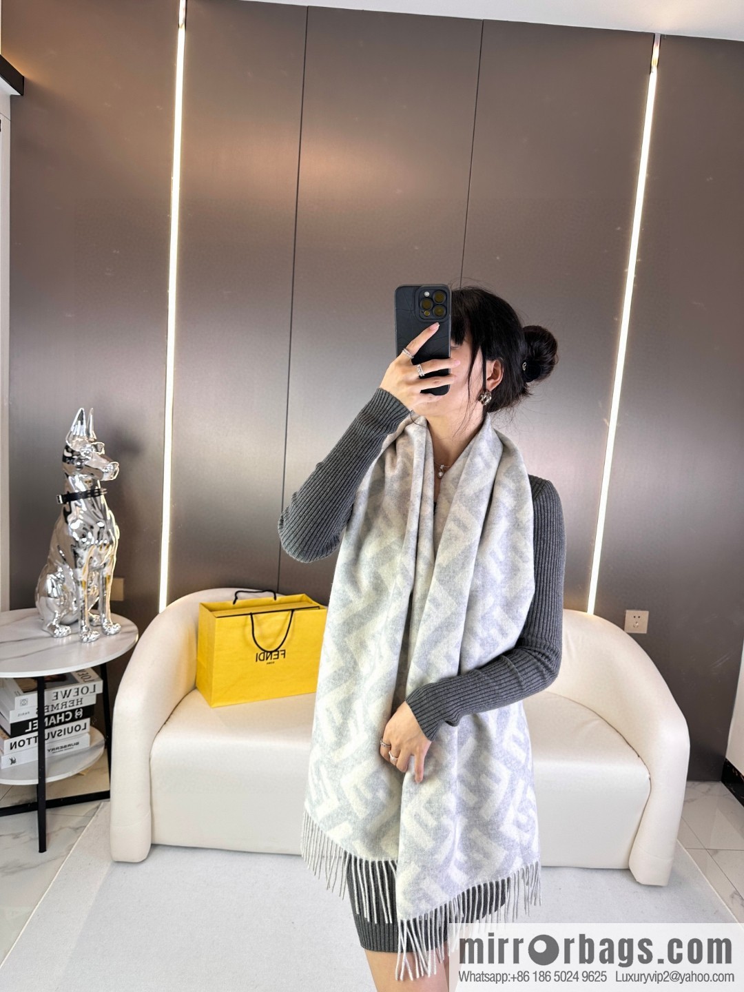 FENDI jacquard weave FF pattern, long fringed scarf