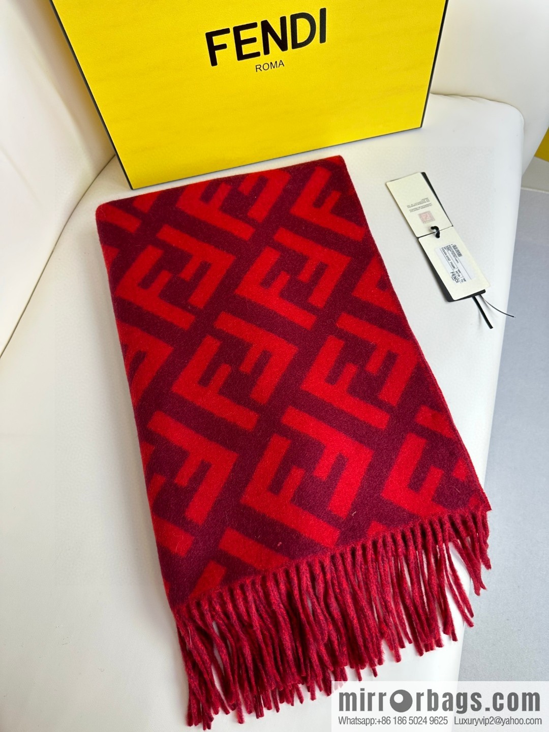 FENDI jacquard weave FF pattern, long fringed scarf