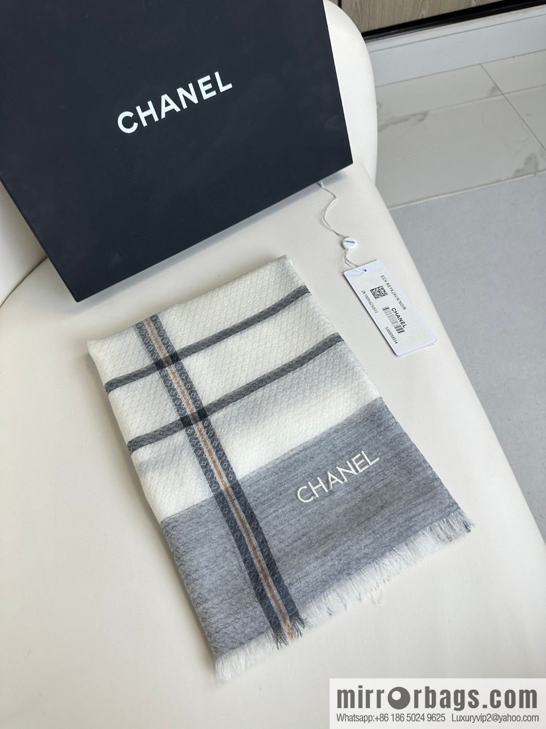 CHANEL [Letter Logo] Plaid Cashmere Scarf