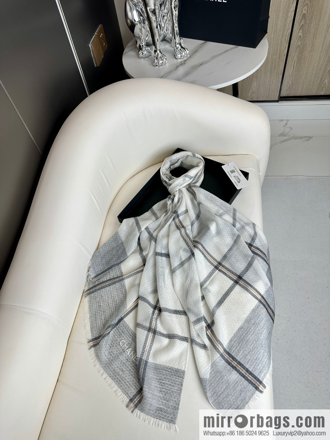 CHANEL [Letter Logo] Plaid Cashmere Scarf