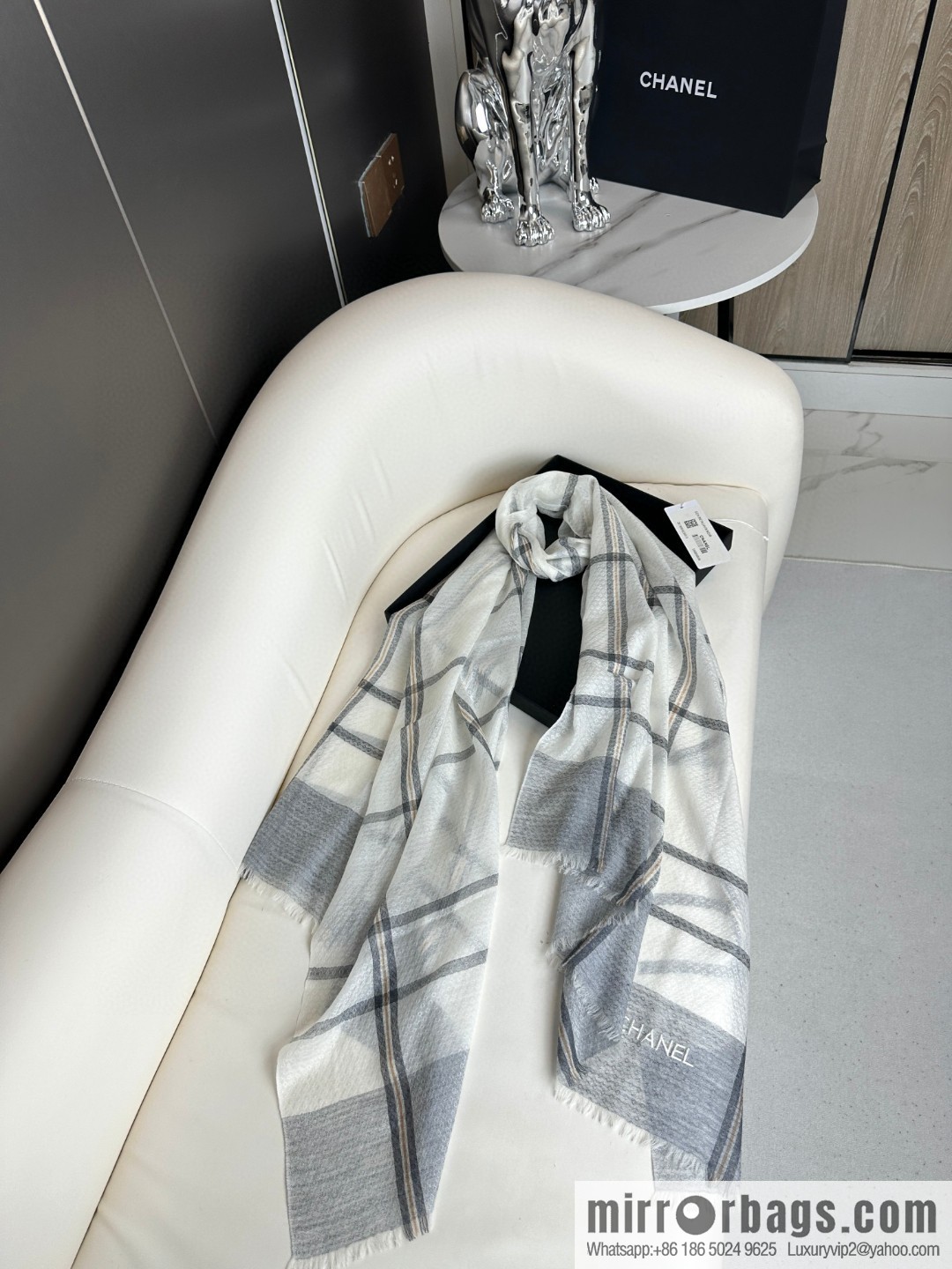 CHANEL [Letter Logo] Plaid Cashmere Scarf