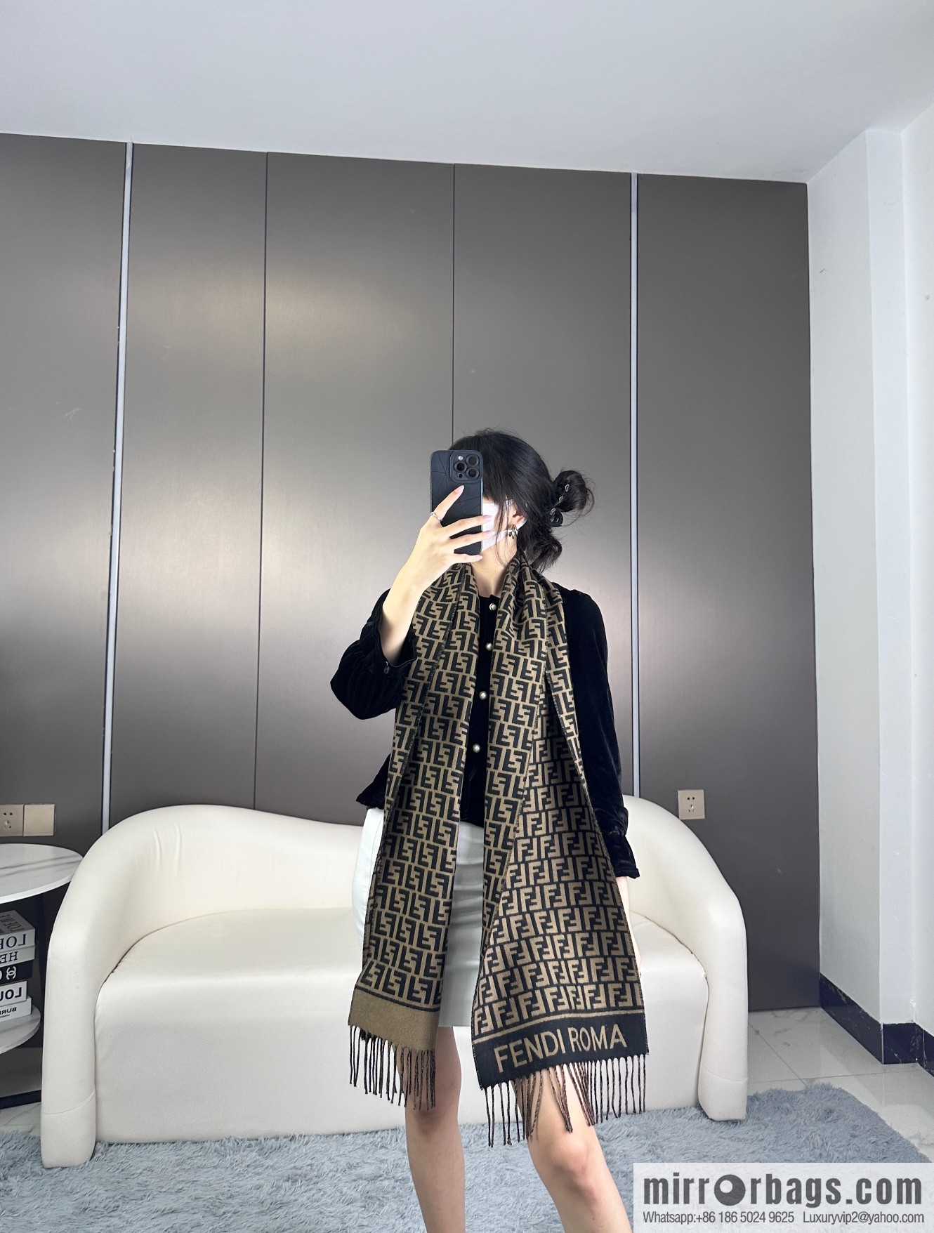 FENDI FF logo cashmere fringed long towel