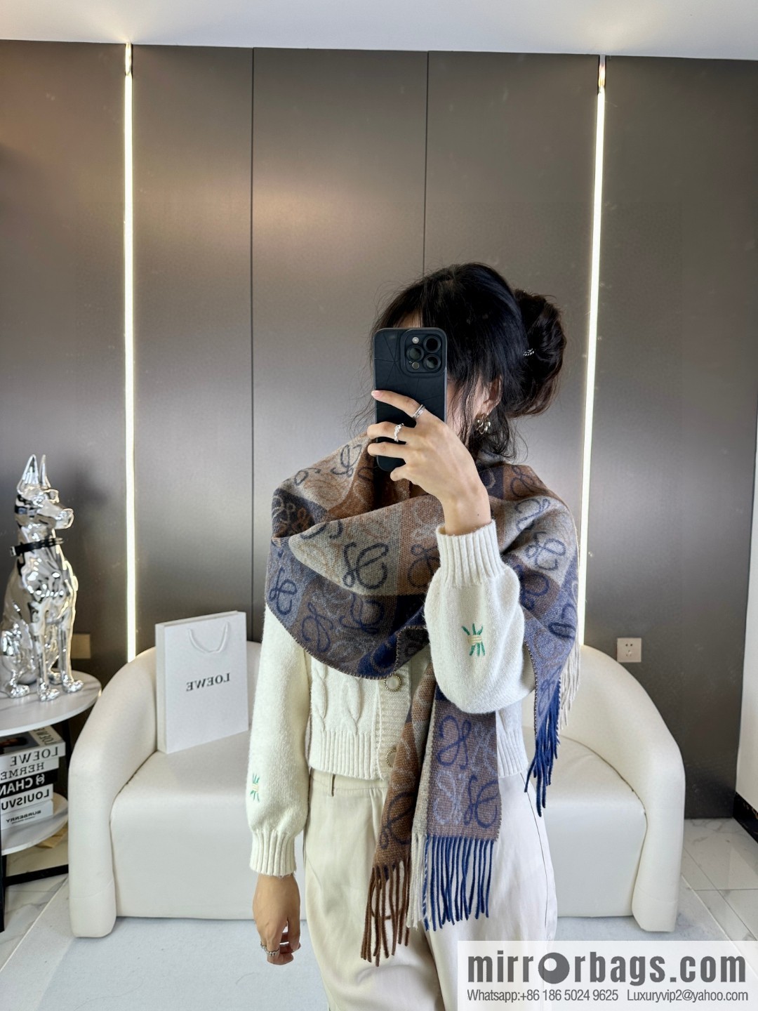 LOEWE's new two-color checkerboard, wool cashmere, scarf