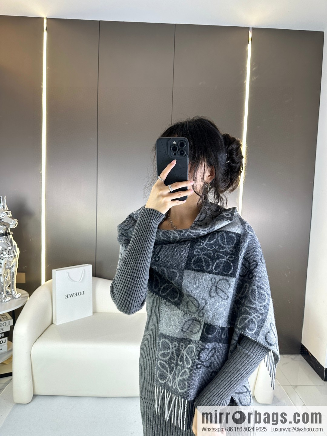 LOEWE's new two-color checkerboard, wool cashmere, scarf