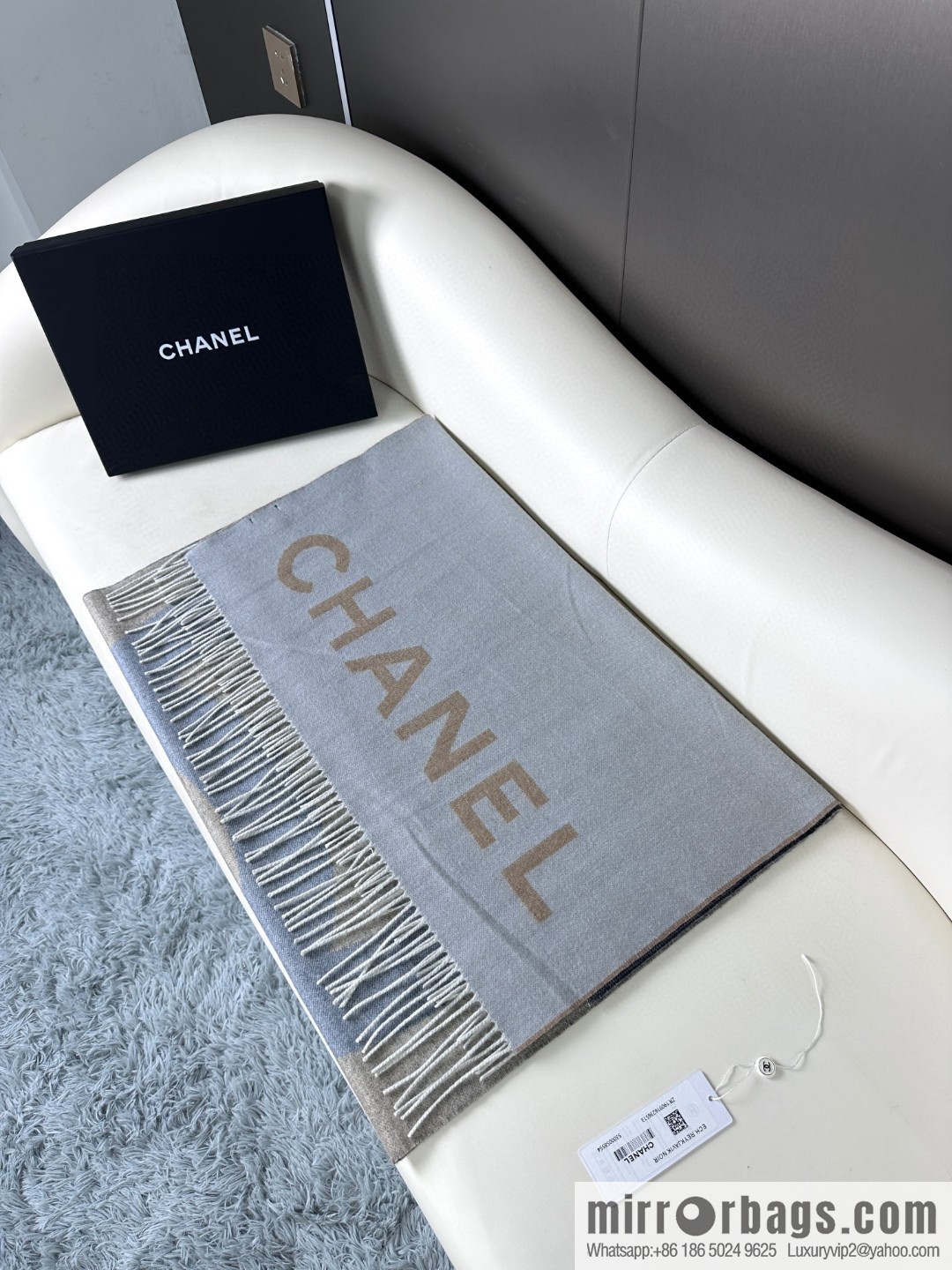 CHANEL cashmere double-sided purple natural color with dark gray over gradual change large shawl