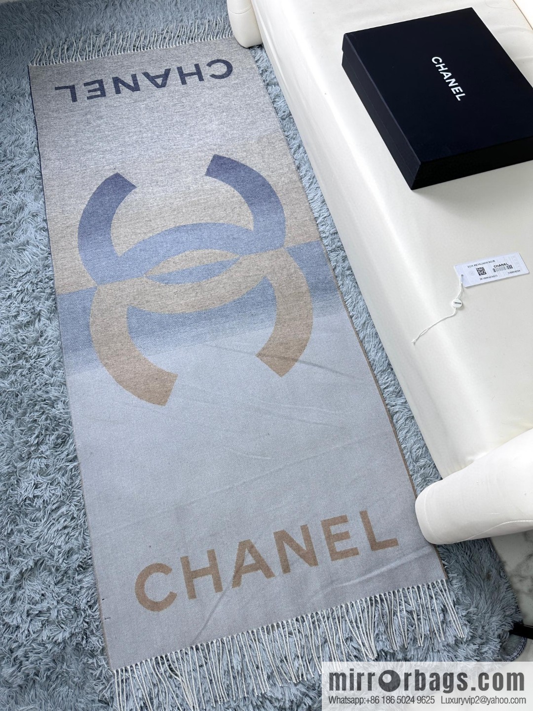 CHANEL cashmere double-sided purple natural color with dark gray over gradual change large shawl
