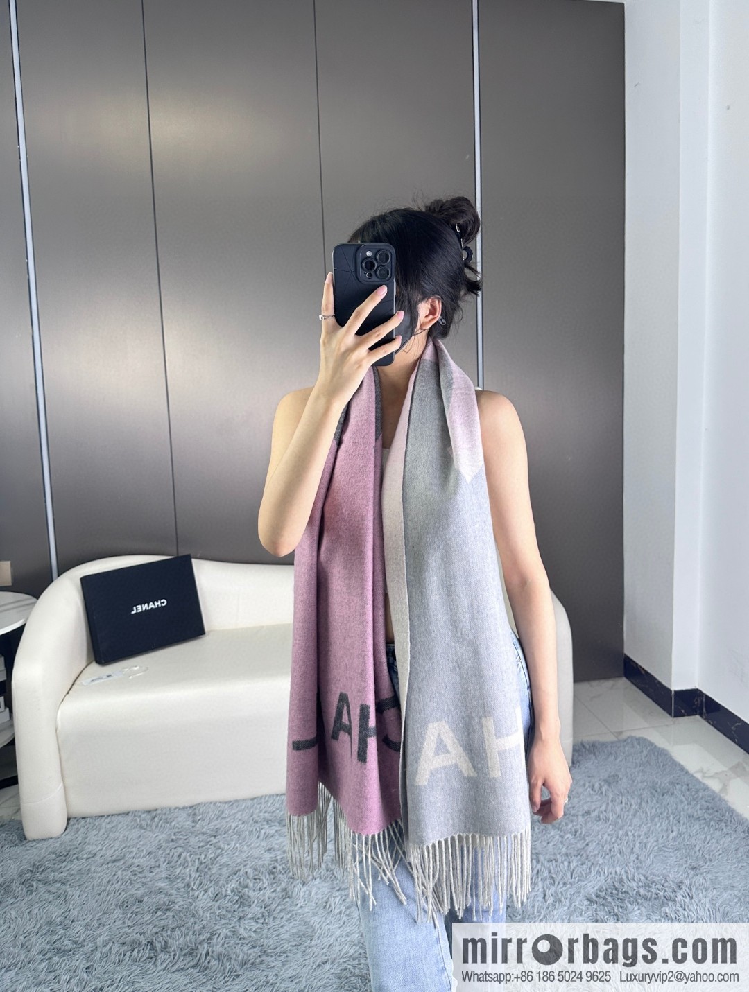 CHANEL cashmere double-sided purple natural color with dark gray over gradual change large shawl
