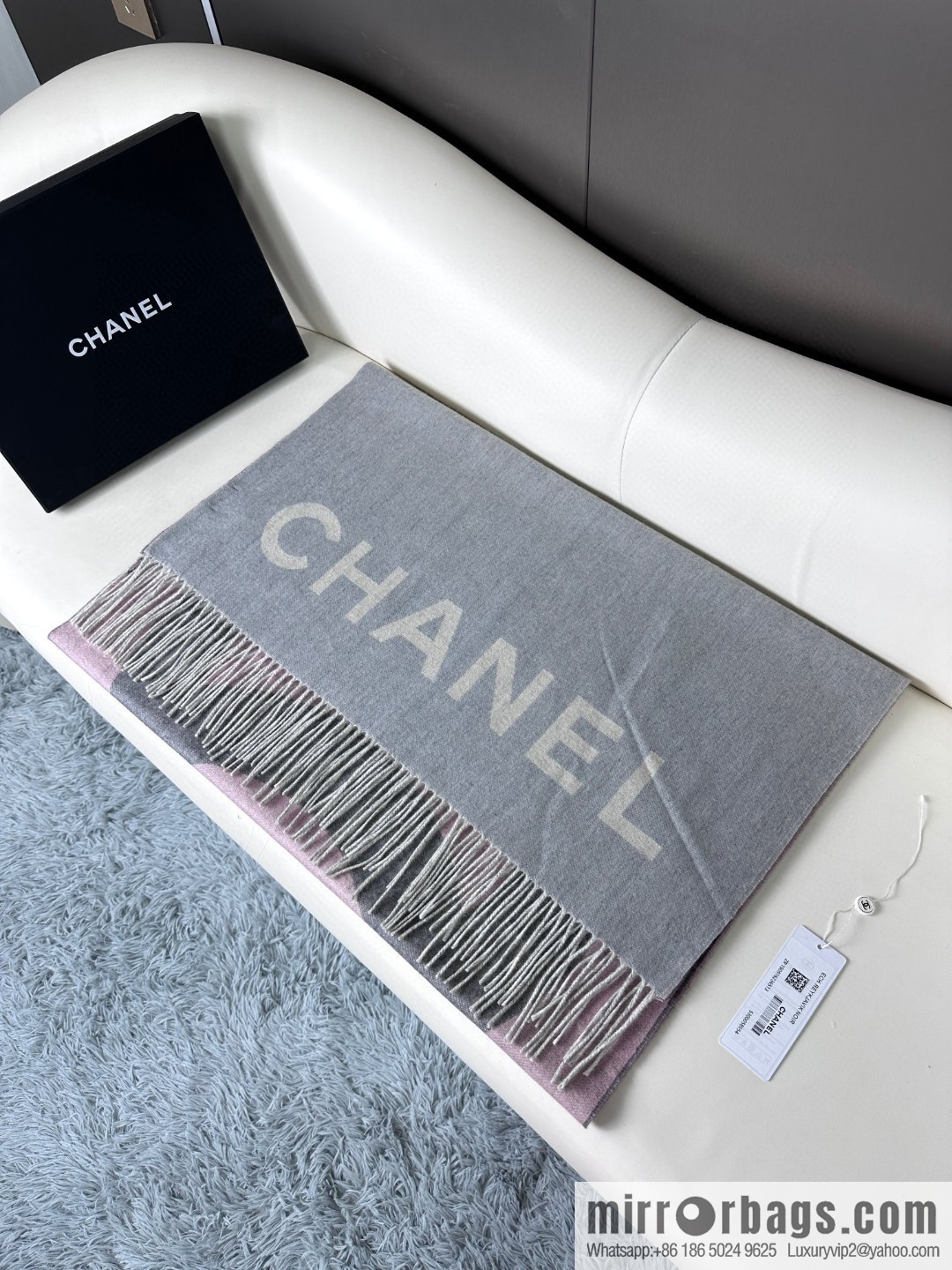 CHANEL cashmere double-sided purple natural color with dark gray over gradual change large shawl
