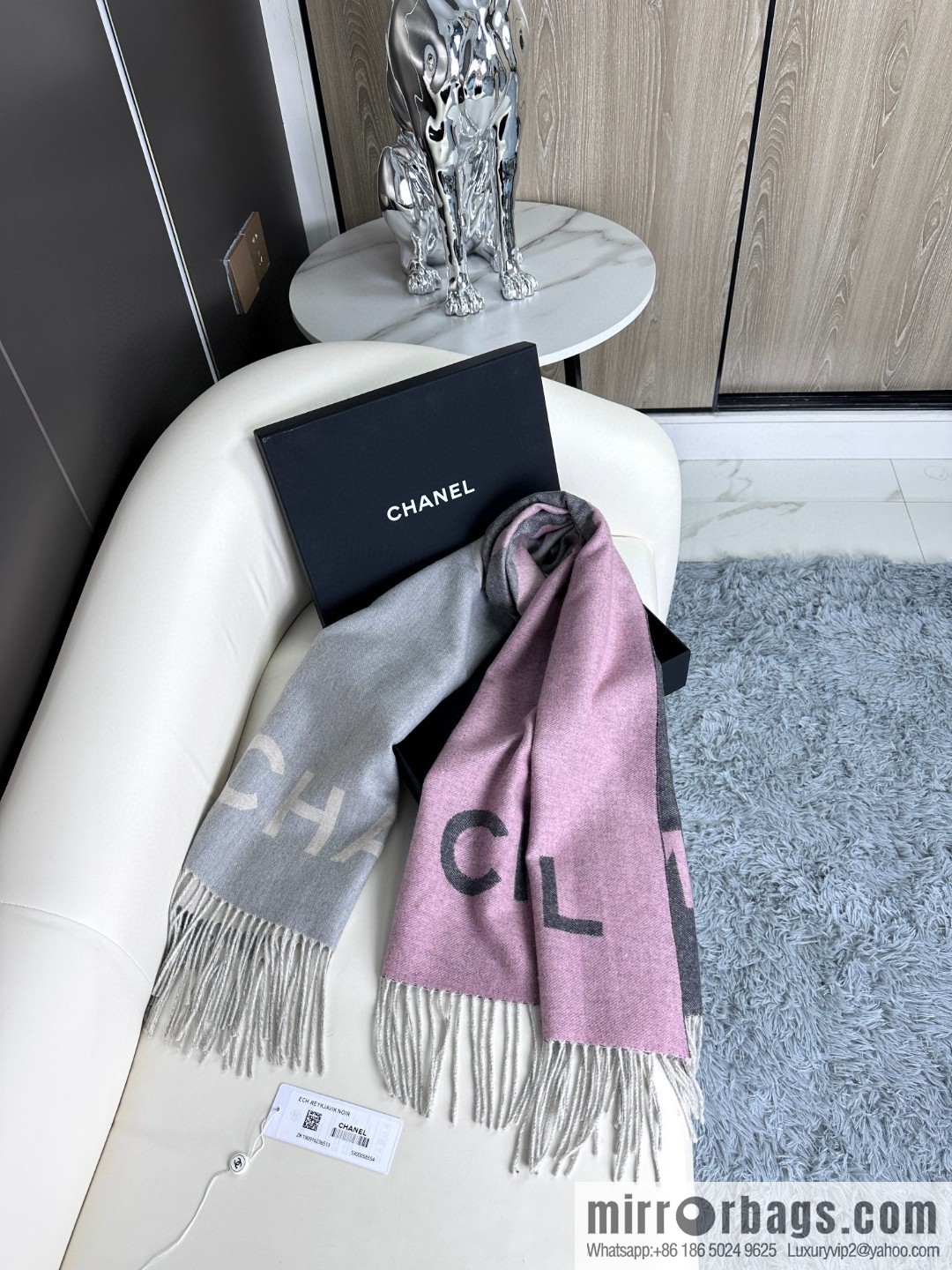CHANEL cashmere double-sided purple natural color with dark gray over gradual change large shawl