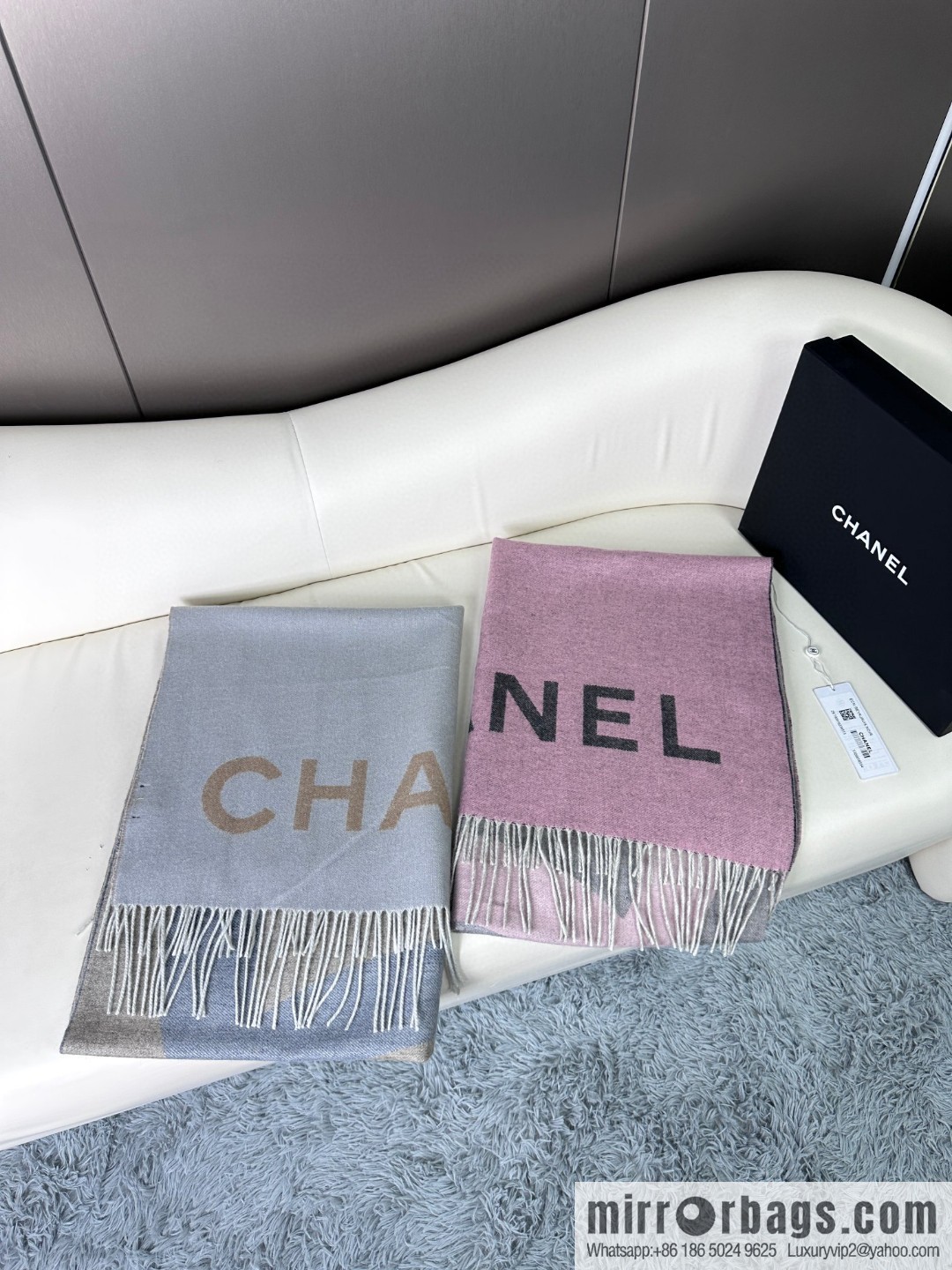 CHANEL cashmere double-sided purple natural color with dark gray over gradual change large shawl