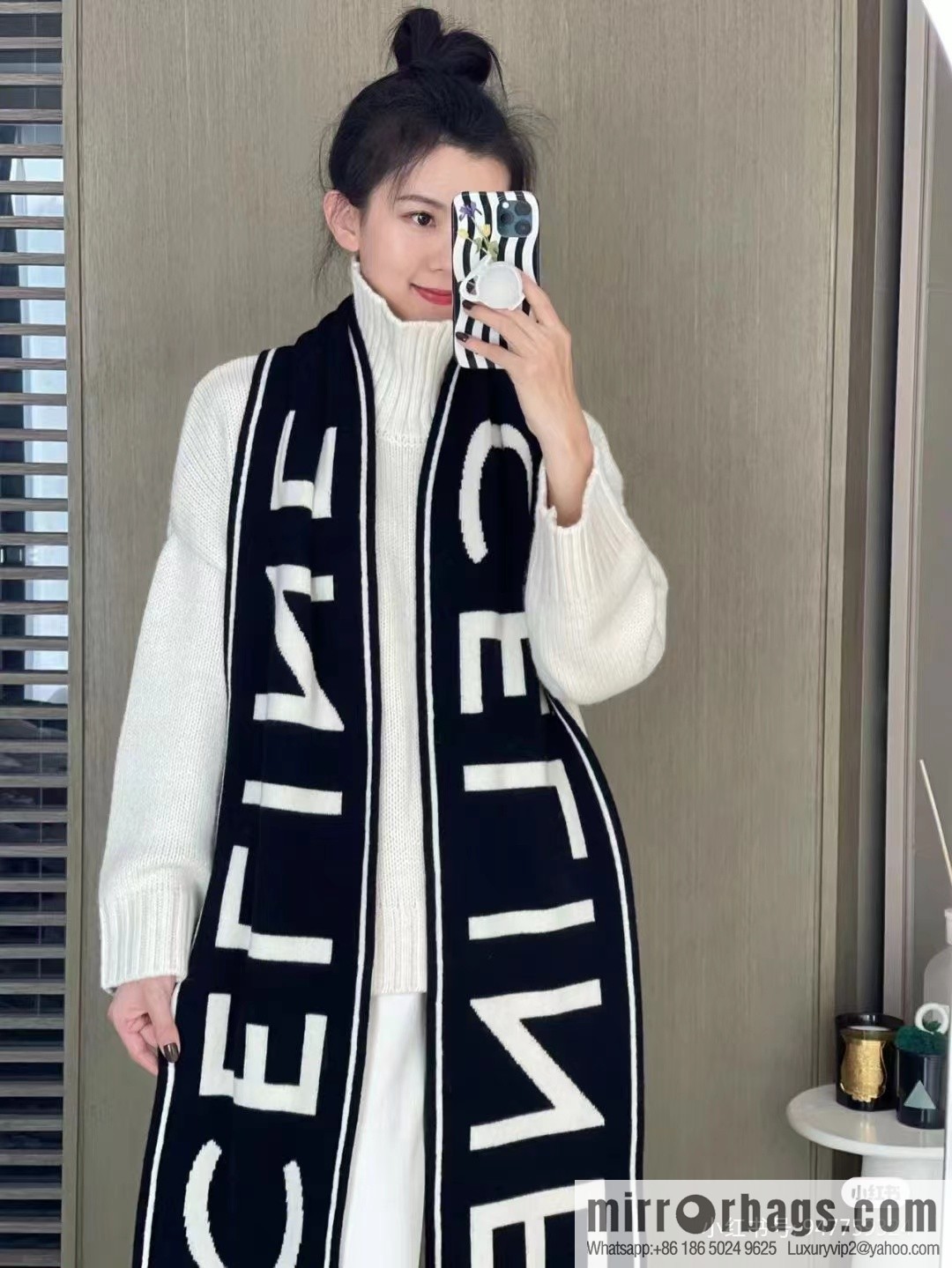 CHANEL imported wool cashmere yarn, black and white scarf