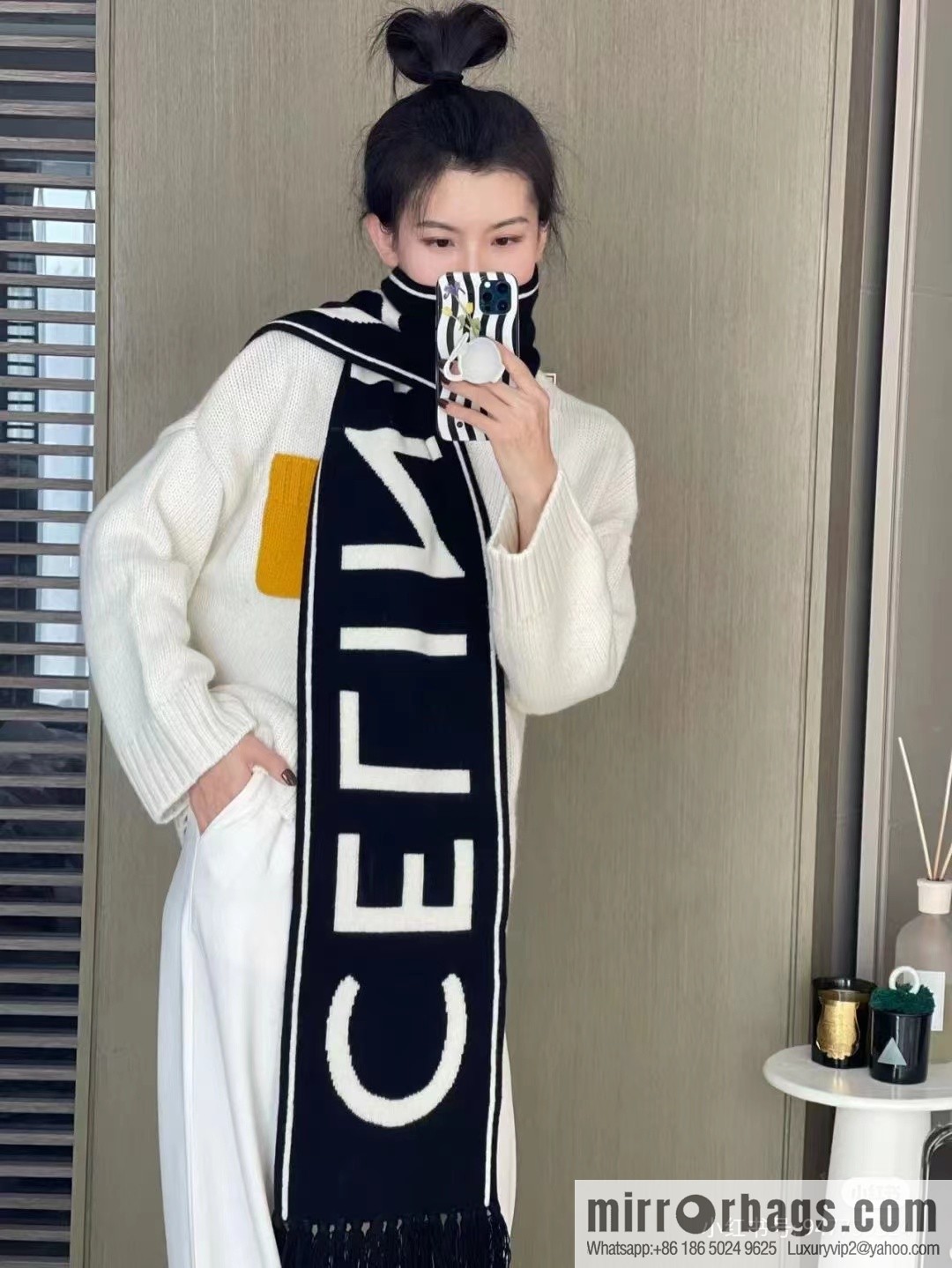 CHANEL imported wool cashmere yarn, black and white scarf