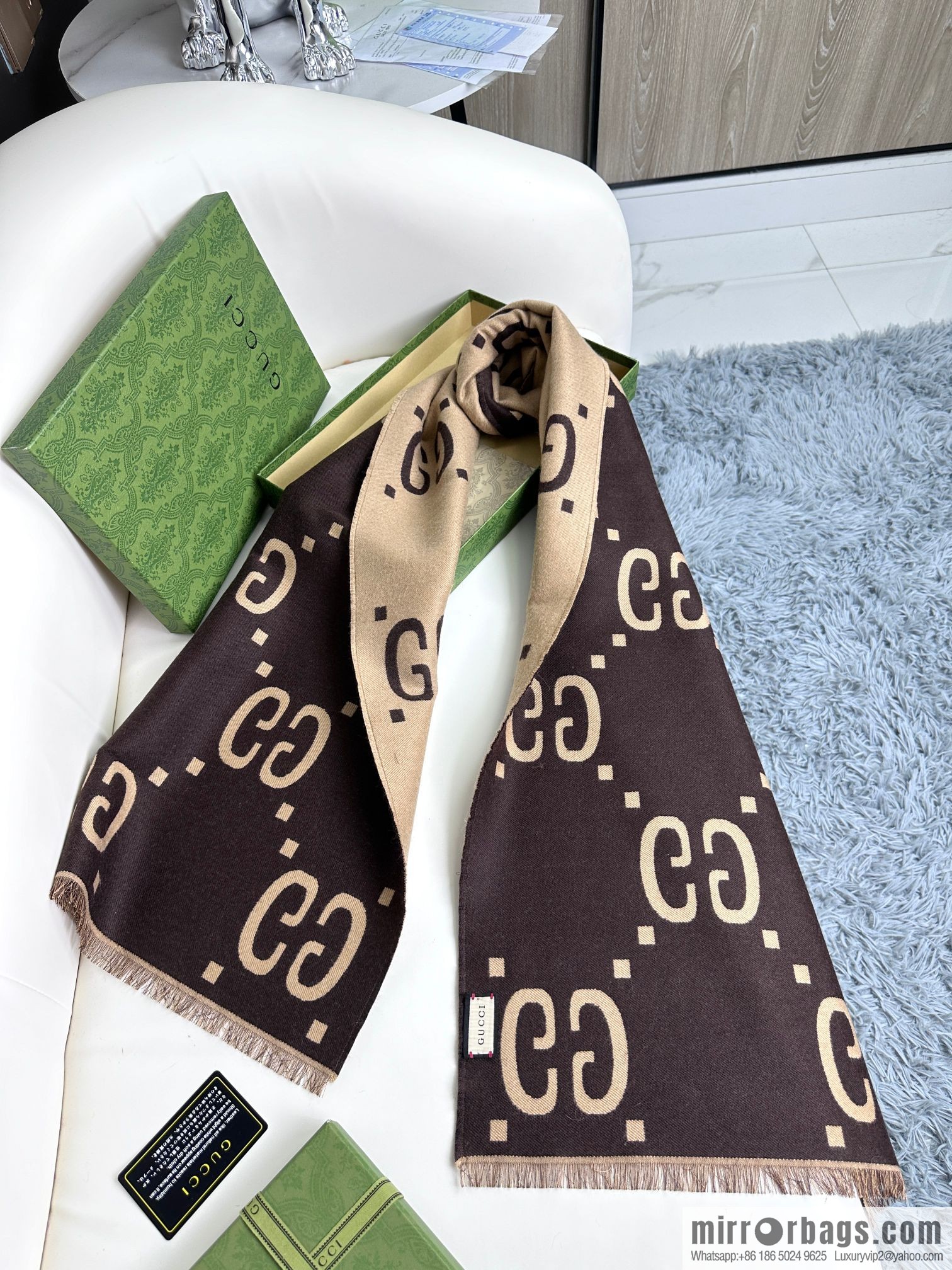 GUCCI GG accent double-sided silk cashmere scarf