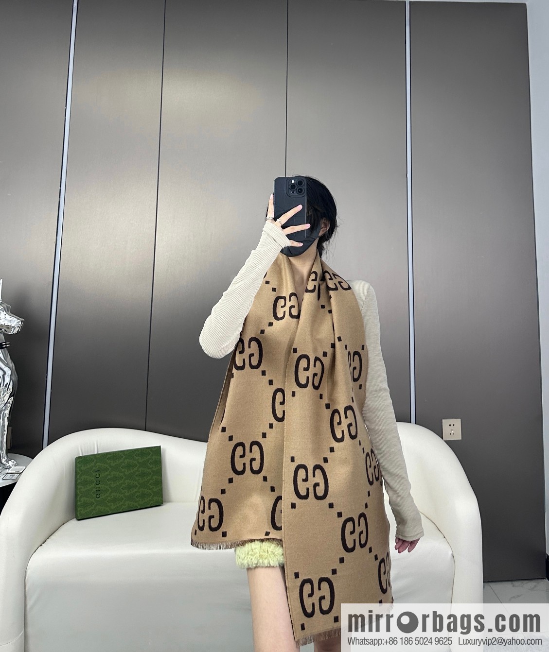 GUCCI GG accent double-sided silk cashmere scarf