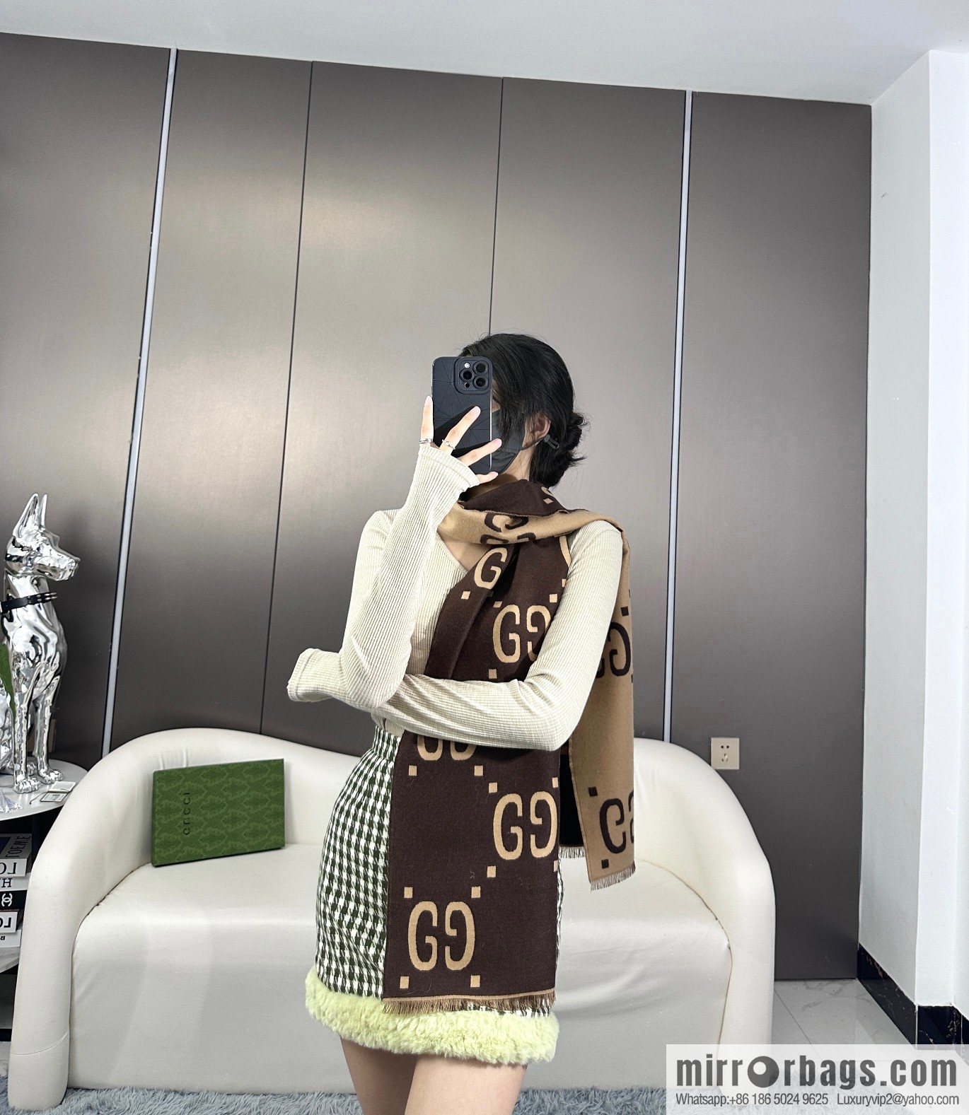 GUCCI GG accent double-sided silk cashmere scarf