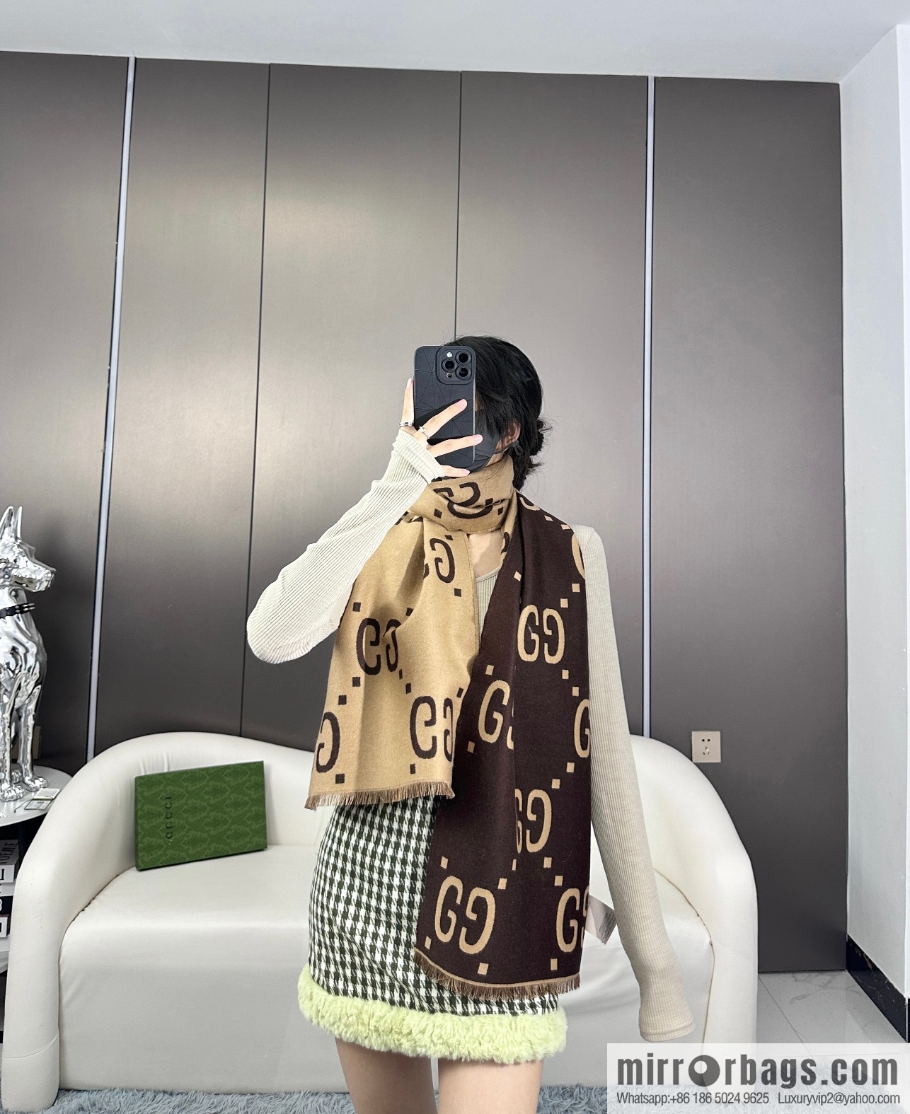 GUCCI GG accent double-sided silk cashmere scarf