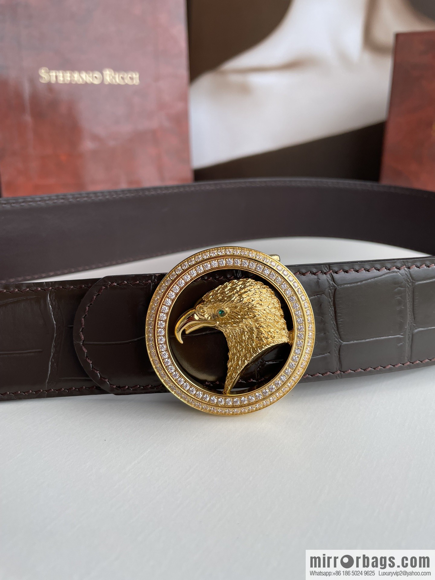 STEFANO RICCI Stephen Raunich Counter Stainless Steel Eagle Head Double Ring Inlaid Diamond Embellished Buckle 3.8cm First Layer Cowhide Fine Imitation Crocodile Leather Belt