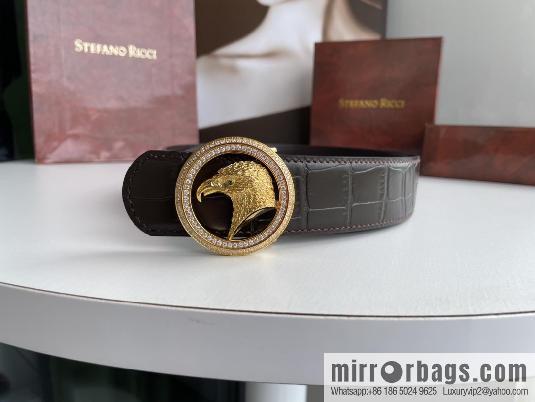 STEFANO RICCI Stephen Raunich Counter Stainless Steel Eagle Head Double Ring Inlaid Diamond Embellished Buckle 3.8cm First Layer Cowhide Fine Imitation Crocodile Leather Belt