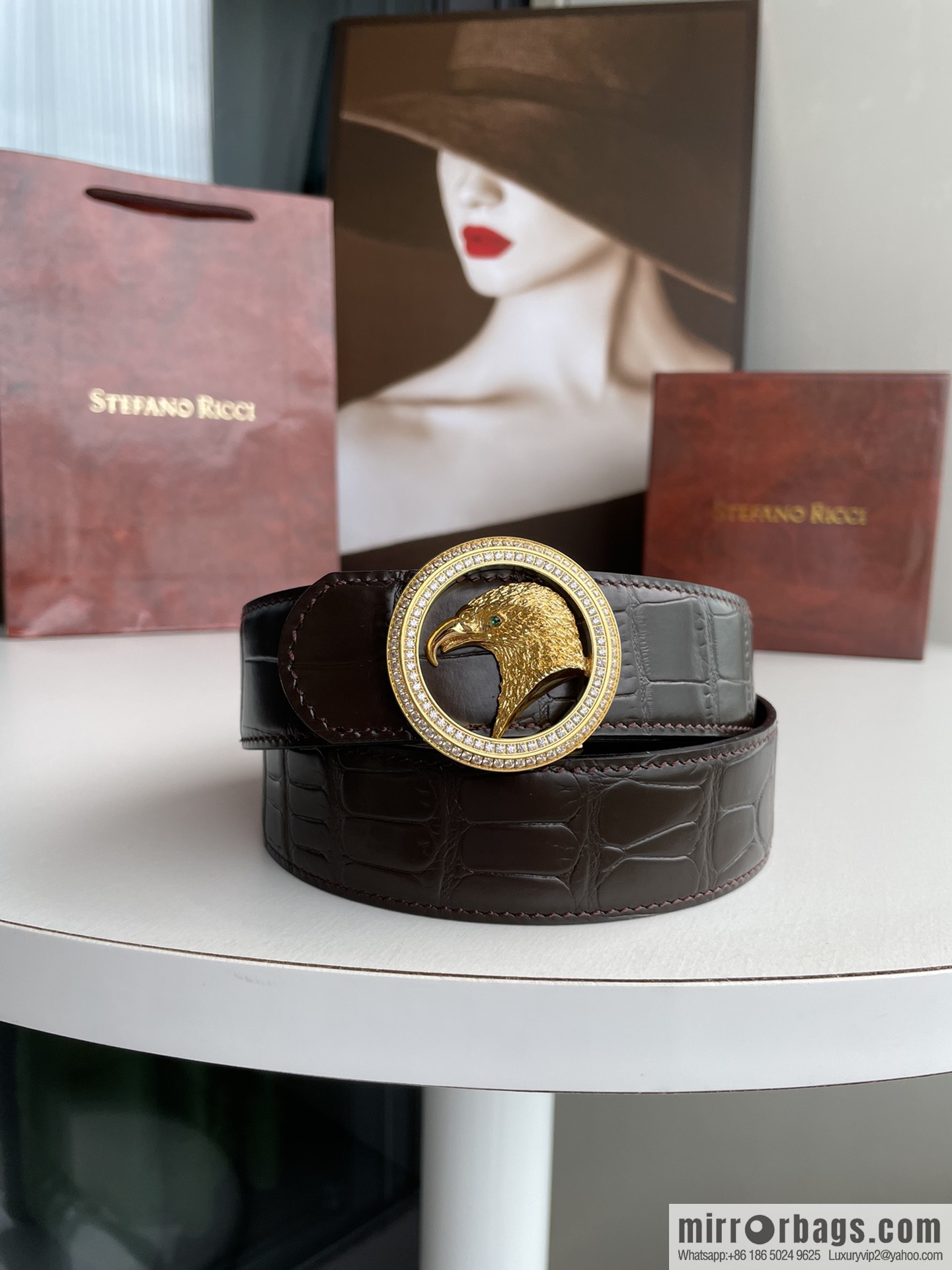 STEFANO RICCI Stephen Raunich Counter Stainless Steel Eagle Head Double Ring Inlaid Diamond Embellished Buckle 3.8cm First Layer Cowhide Fine Imitation Crocodile Leather Belt
