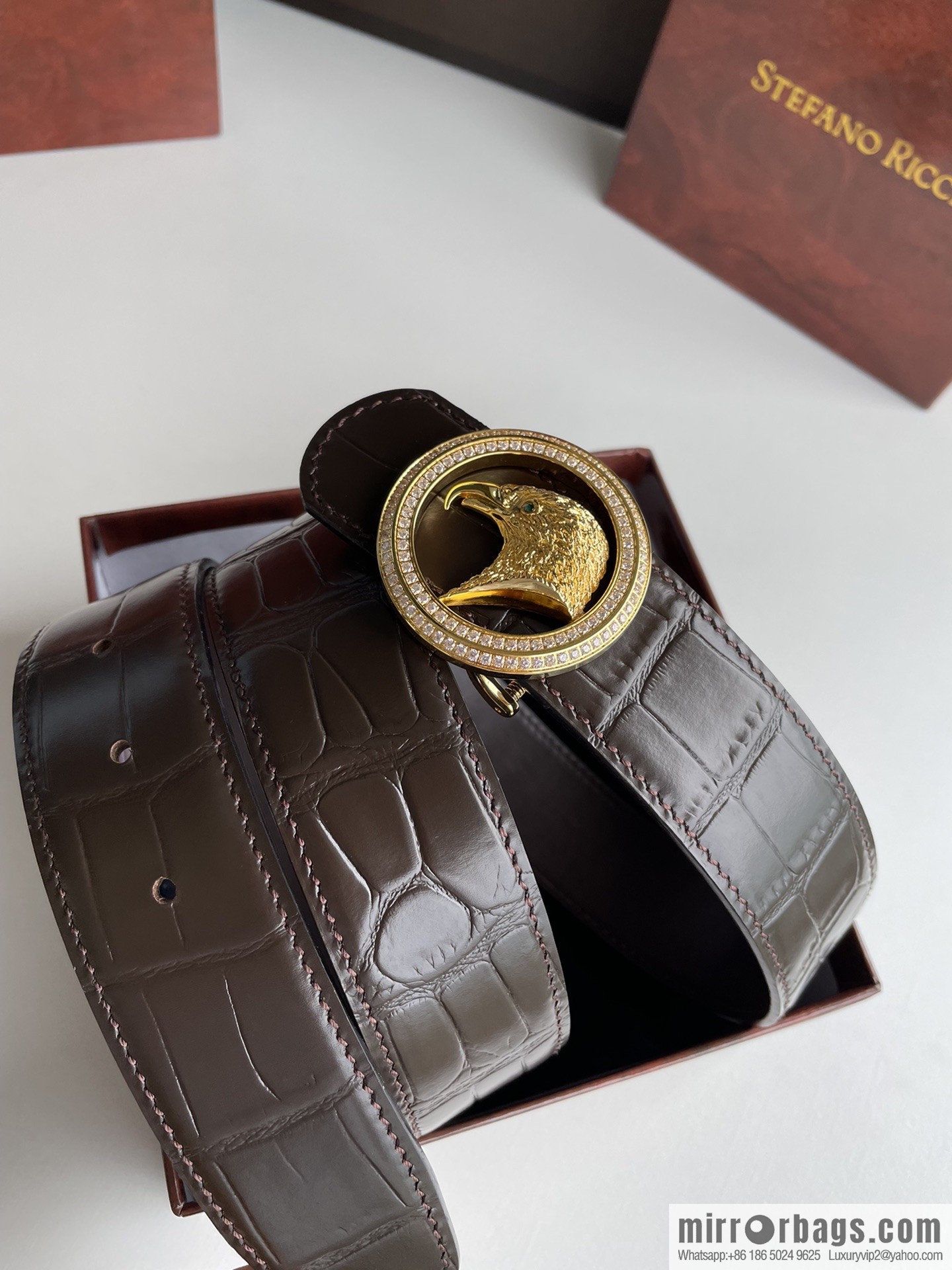 STEFANO RICCI Stephen Raunich Counter Stainless Steel Eagle Head Double Ring Inlaid Diamond Embellished Buckle 3.8cm First Layer Cowhide Fine Imitation Crocodile Leather Belt