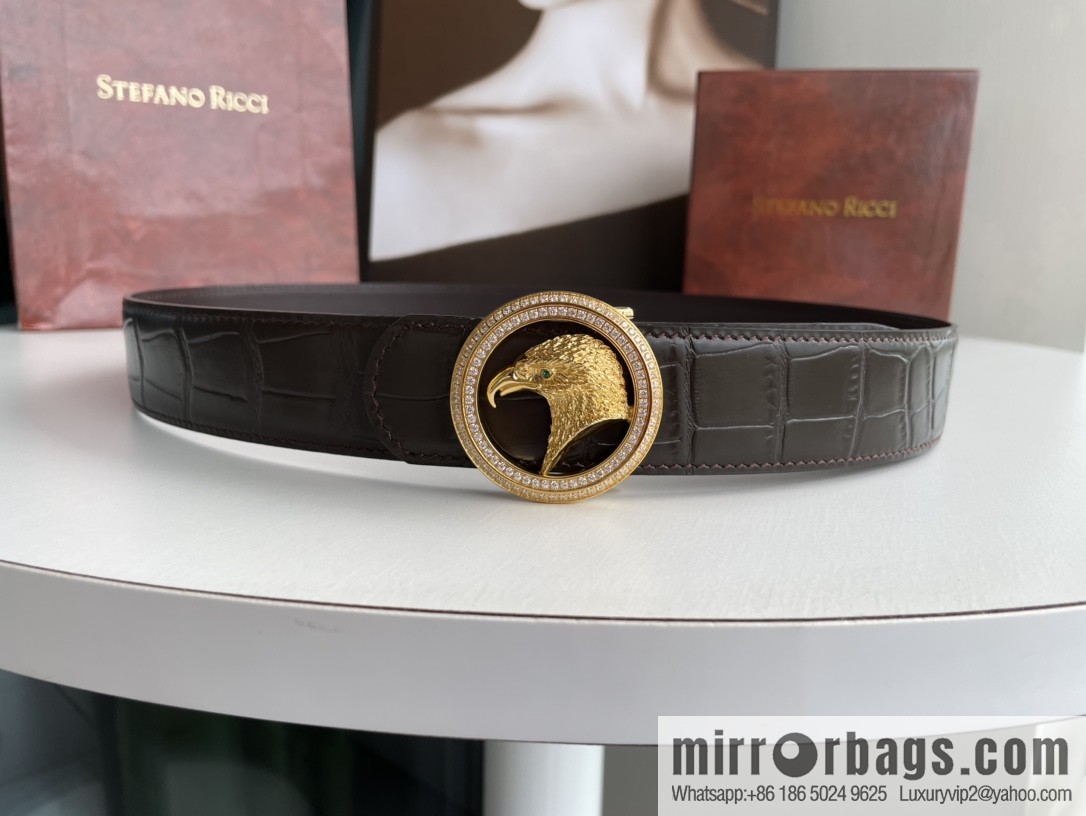 STEFANO RICCI Stephen Raunich Counter Stainless Steel Eagle Head Double Ring Inlaid Diamond Embellished Buckle 3.8cm First Layer Cowhide Fine Imitation Crocodile Leather Belt