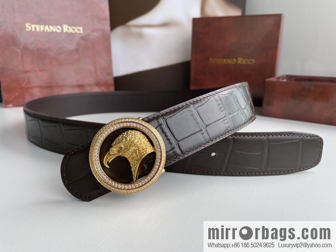STEFANO RICCI Stephen Raunich Counter Stainless Steel Eagle Head Double Ring Inlaid Diamond Embellished Buckle 3.8cm First Layer Cowhide Fine Imitation Crocodile Leather Belt