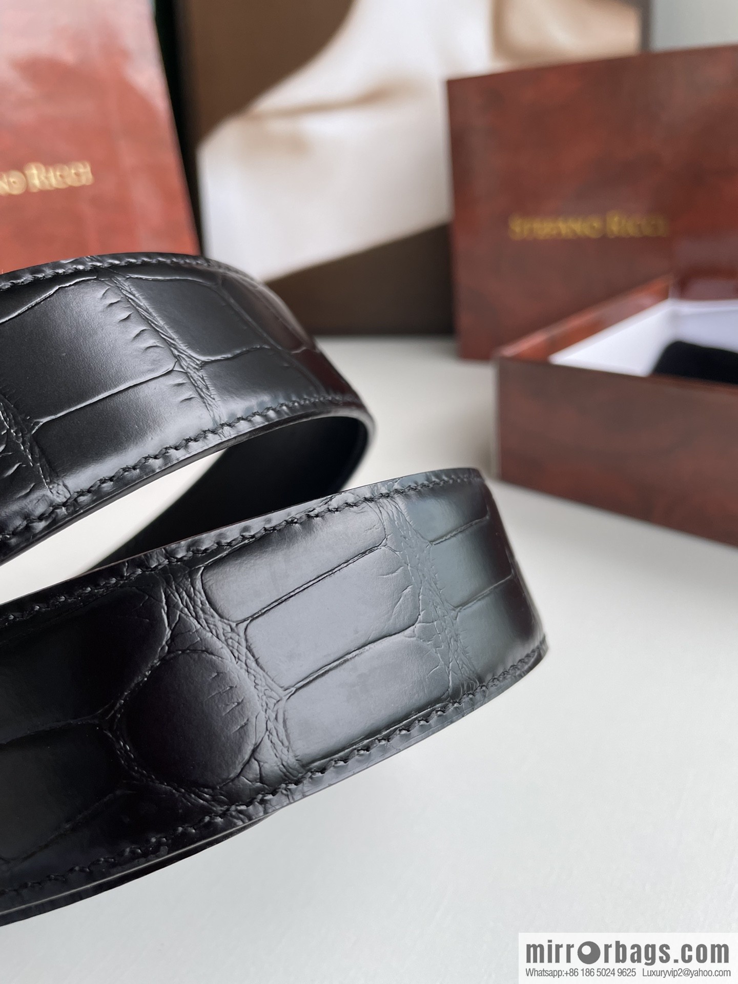 STEFANO RICCI Stephen Raunich Counter Stainless Steel Eagle Head Double Ring Inlaid Diamond Embellished Buckle 3.8cm First Layer Cowhide Fine Imitation Crocodile Leather Belt