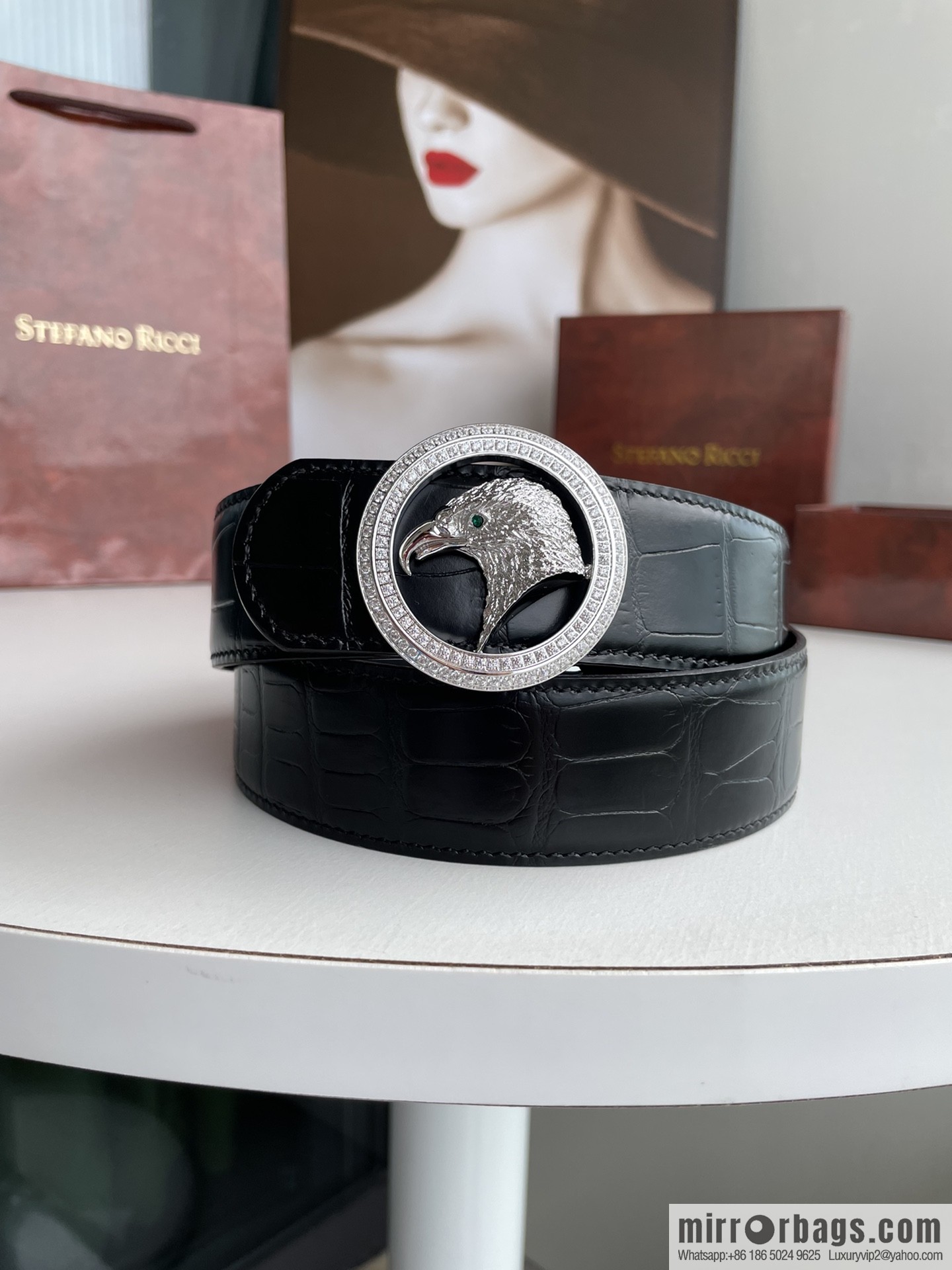 STEFANO RICCI Stephen Raunich Counter Stainless Steel Eagle Head Double Ring Inlaid Diamond Embellished Buckle 3.8cm First Layer Cowhide Fine Imitation Crocodile Leather Belt