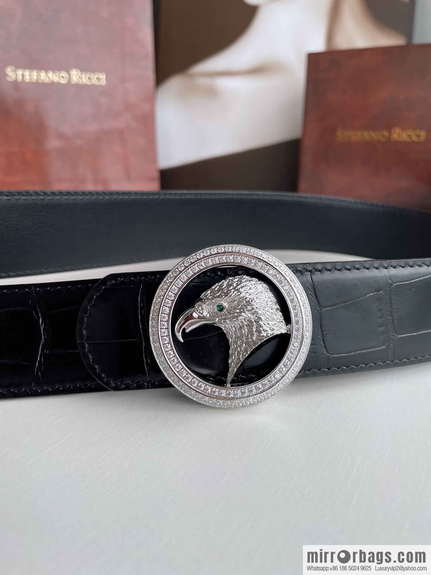 STEFANO RICCI Stephen Raunich Counter Stainless Steel Eagle Head Double Ring Inlaid Diamond Embellished Buckle 3.8cm First Layer Cowhide Fine Imitation Crocodile Leather Belt