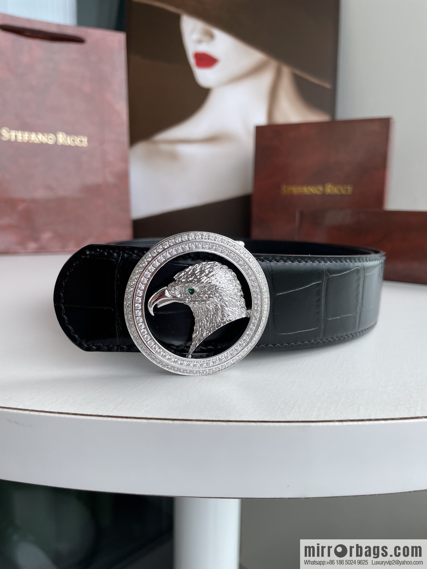 STEFANO RICCI Stephen Raunich Counter Stainless Steel Eagle Head Double Ring Inlaid Diamond Embellished Buckle 3.8cm First Layer Cowhide Fine Imitation Crocodile Leather Belt