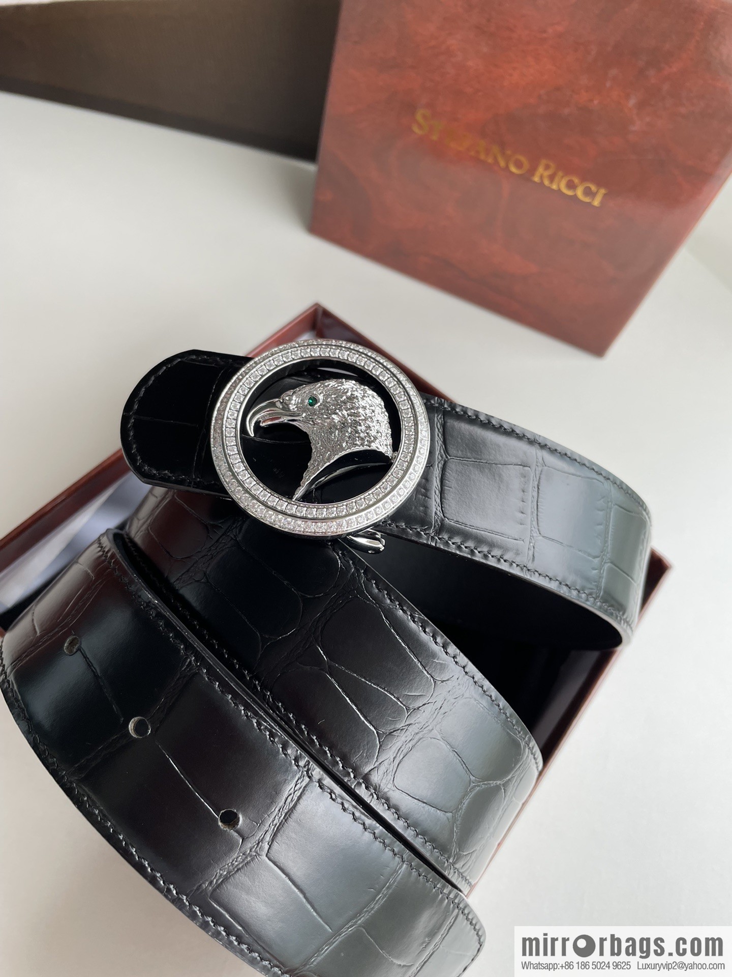 STEFANO RICCI Stephen Raunich Counter Stainless Steel Eagle Head Double Ring Inlaid Diamond Embellished Buckle 3.8cm First Layer Cowhide Fine Imitation Crocodile Leather Belt