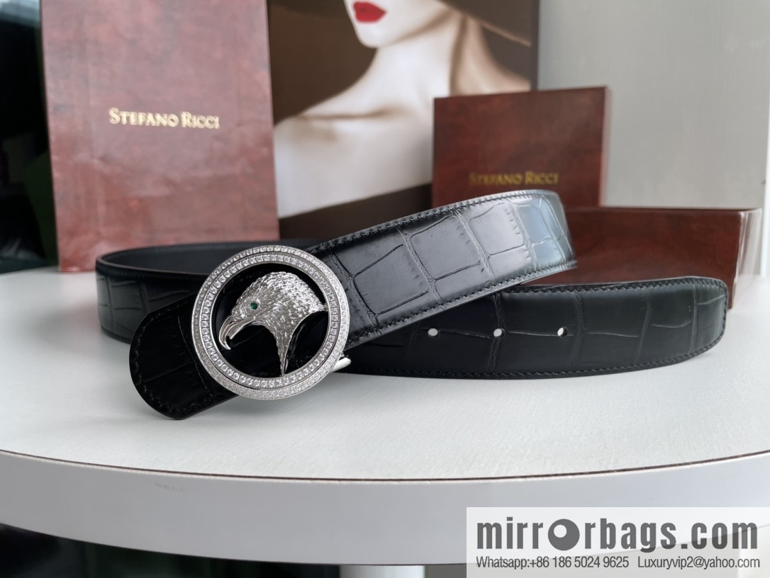 STEFANO RICCI Stephen Raunich Counter Stainless Steel Eagle Head Double Ring Inlaid Diamond Embellished Buckle 3.8cm First Layer Cowhide Fine Imitation Crocodile Leather Belt