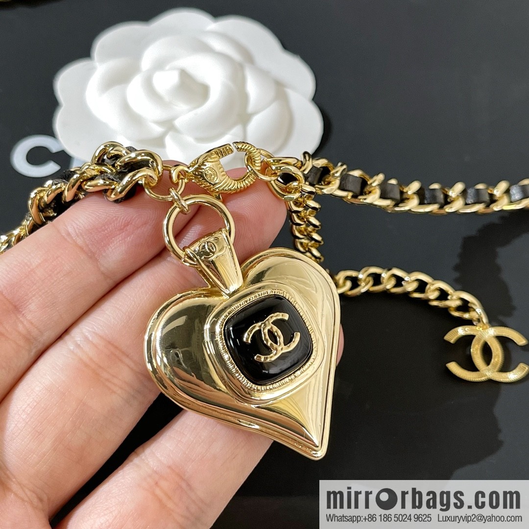2021 new Chanel double c peach heart black leather rope waist chain belt
