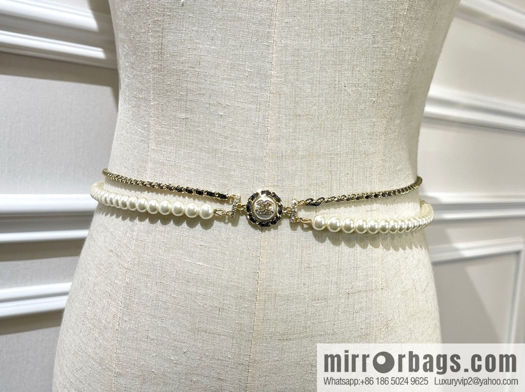 CHANEL CHANEL Double C Black Leather Rope Double Pearl Waist Chain Belt