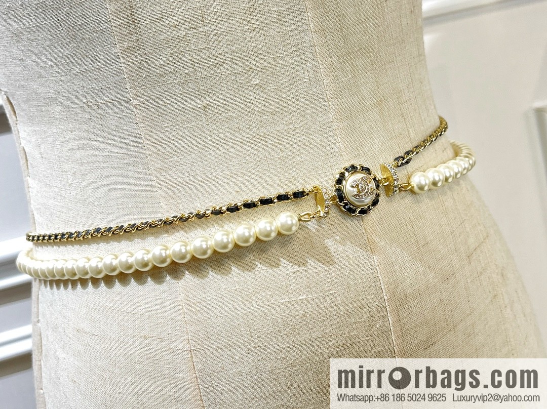 CHANEL CHANEL Double C Black Leather Rope Double Pearl Waist Chain Belt