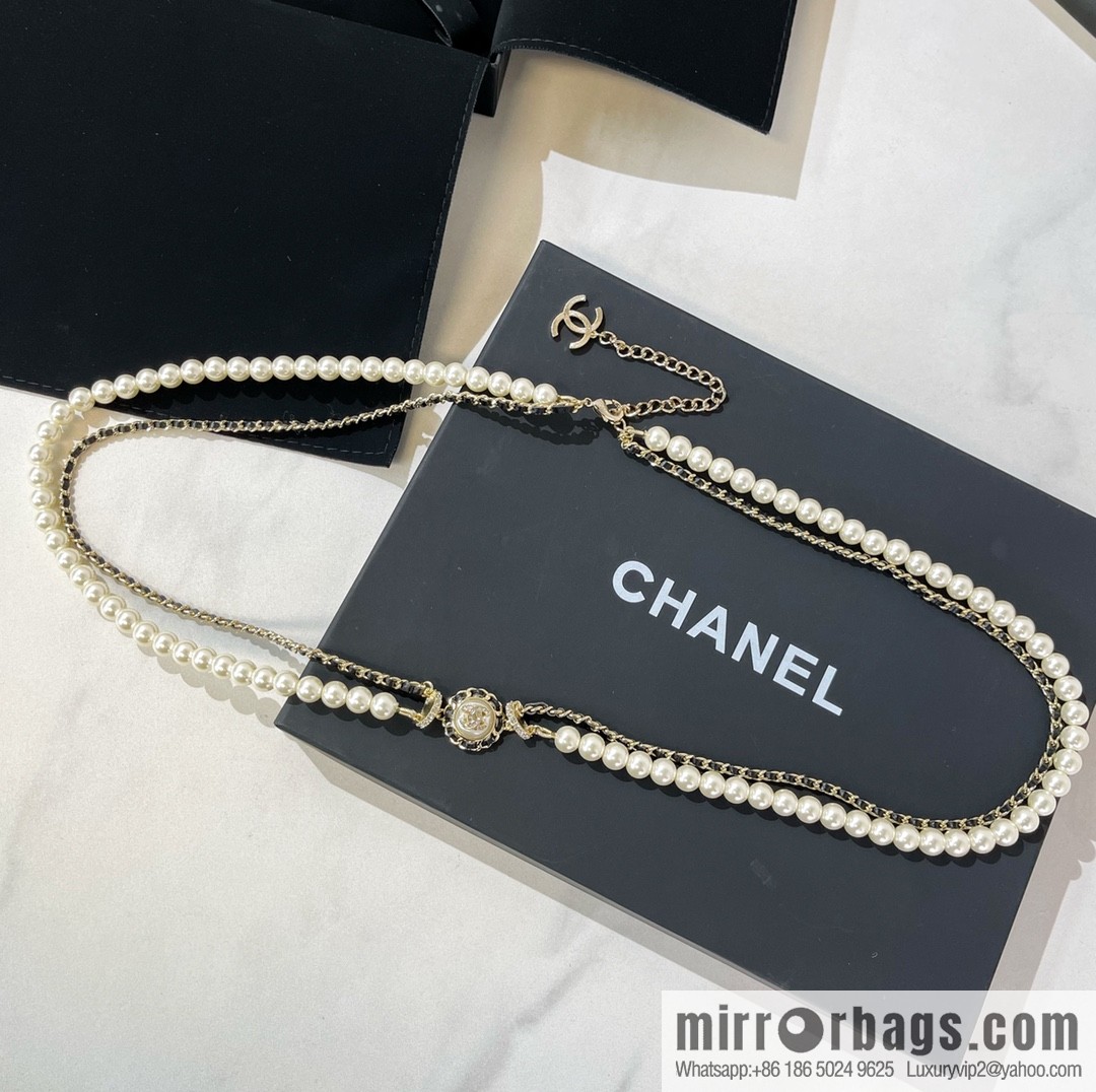 CHANEL CHANEL Double C Black Leather Rope Double Pearl Waist Chain Belt