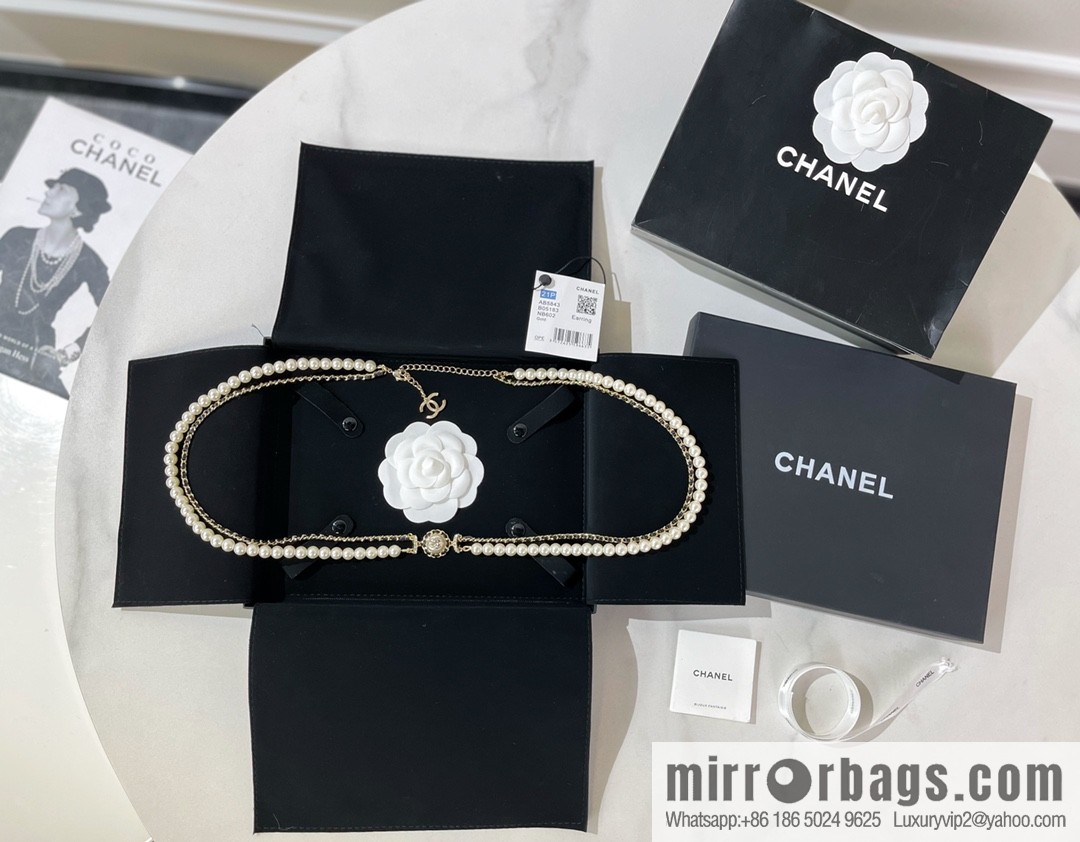 CHANEL CHANEL Double C Black Leather Rope Double Pearl Waist Chain Belt