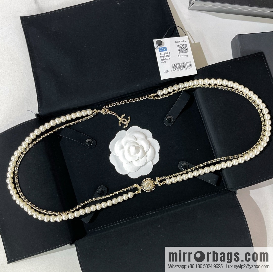 CHANEL CHANEL Double C Black Leather Rope Double Pearl Waist Chain Belt