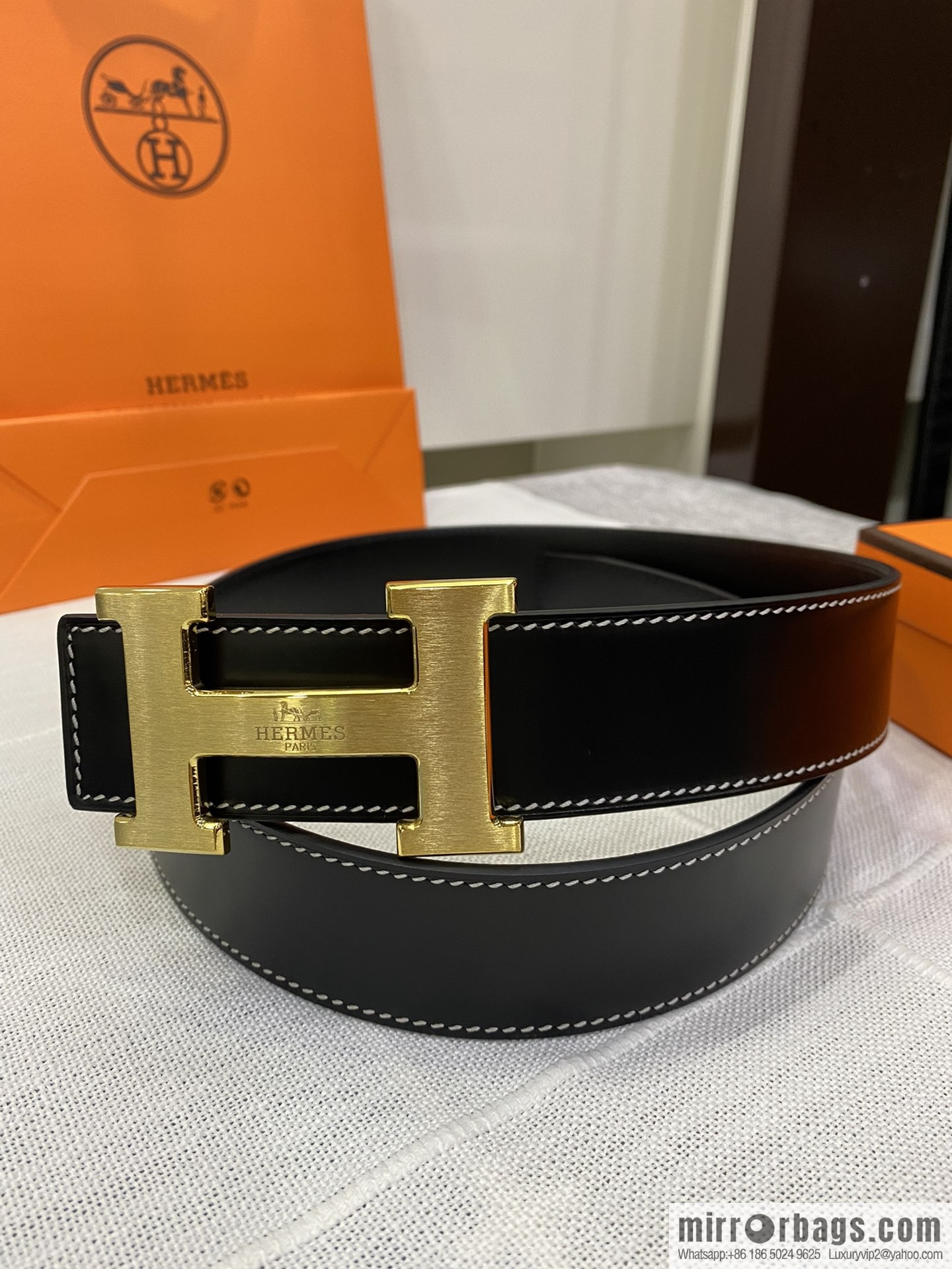 Hermès, stainless steel horse-drawn carriage micro-welding process button head buckle, double-sided delicate cowhide belt
