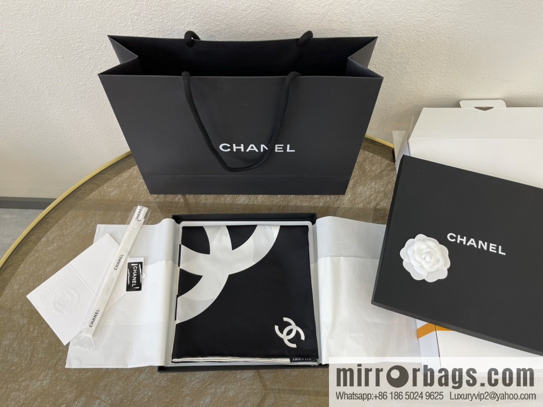 Chanel classic black and white grid large C100% silk scarf