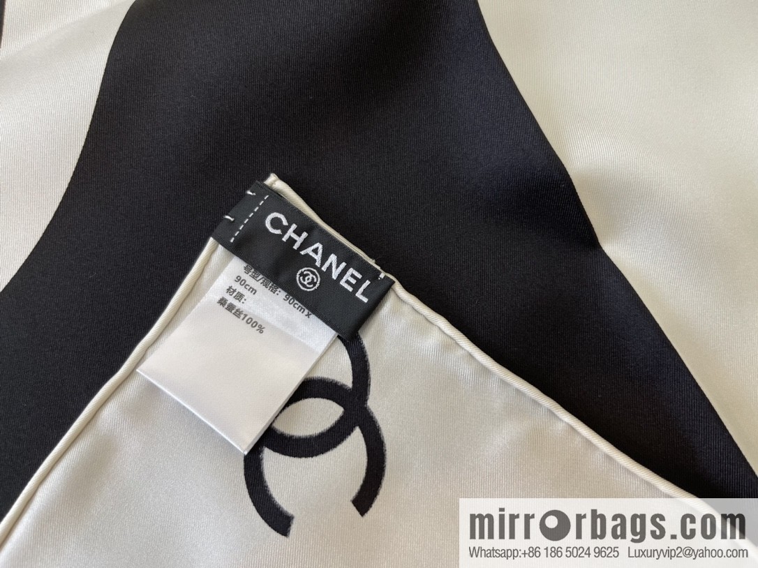 Chanel classic black and white grid large C100% silk scarf